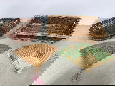 Vintage chinese hand carved wood foldable fans and wicker baskets