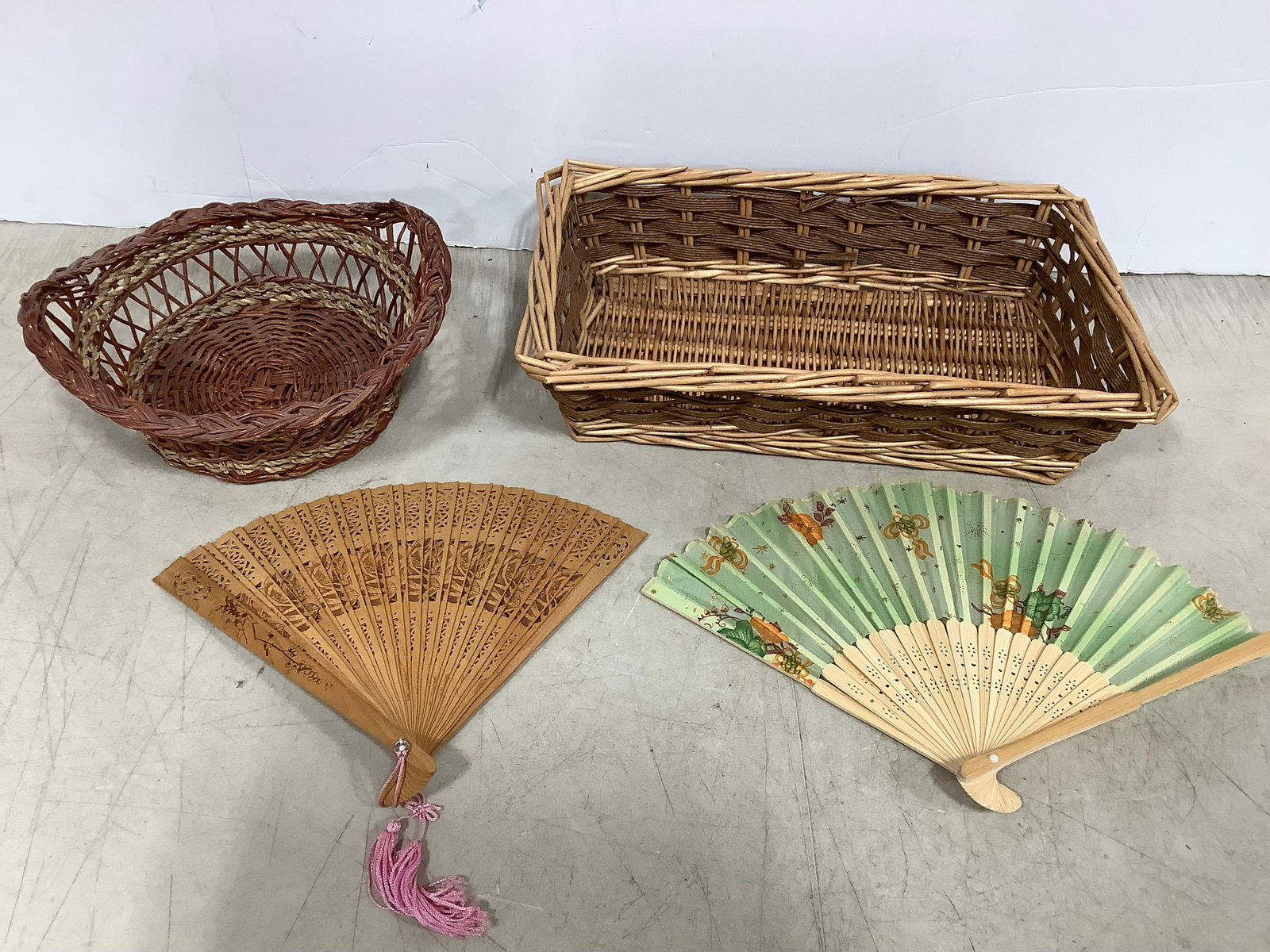 Vintage chinese hand carved wood foldable fans and wicker baskets: Vintage chinese hand carved wood foldable fans and wicker baskets