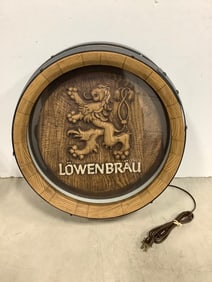 Vintage Lowenbrau faux wood barrel keg lighted sign (new old stock-16in.x16in.x6.5in.)