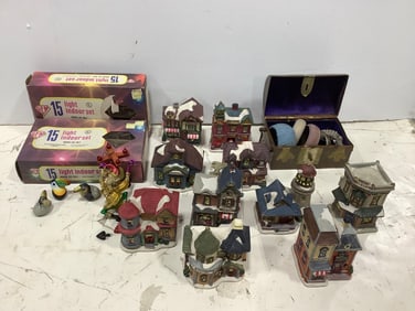 Vintage Christmas lights, porcelain houses, and more