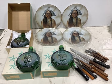 Dwight David Eisenhower commemorative decanters, Chief Sitting Bull collectible plates, and more