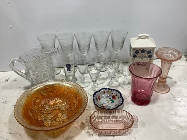 Crystal cut glass pitcher(7.5in.tall), vase, candleholder, and more