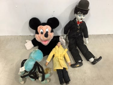 Vintage Charlie Chaplin ceramic doll, Mickey Mouse puppet doll, and more