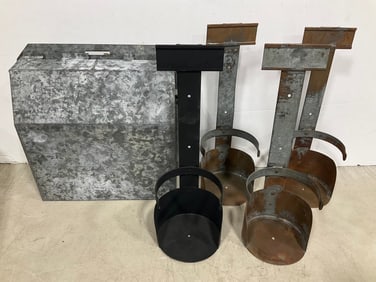 Vintage Wall Hanging Holders, and Vintage Metal Cashbox (Tallest - 12in)
