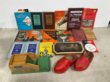 Vintage wooden shoes, booklets, brass plaque, and more