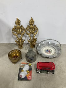 Wall sconce candleholders, 40 watt lightbulbs, vintage musical train, and more