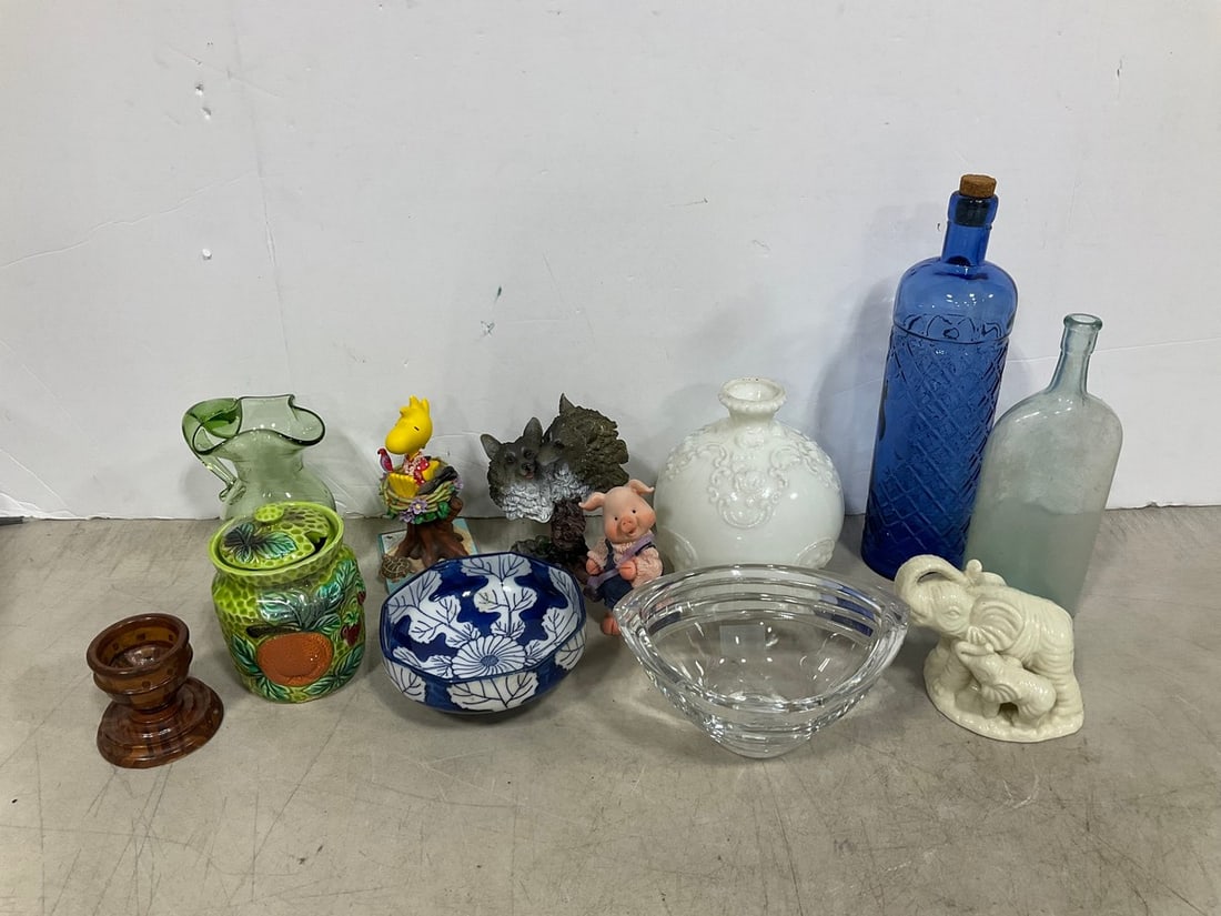 Green glass pitcher, decorative statues, and more(12in.tallest): Green glass pitcher, decorative statues, and more(12in.tallest)