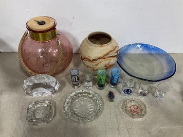 Glass candleholder, ashtrays, shot glasses, and more(10.5in.tallest)
