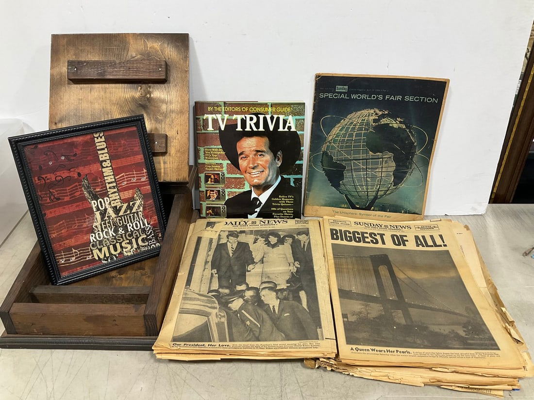 Framed guitar artwork, 1960's newspapers, and more (1 of 1)