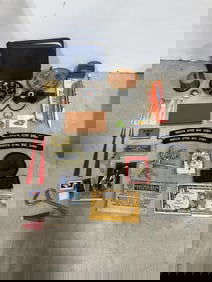 Vintage keychains, school booklet, iron on patches, and more