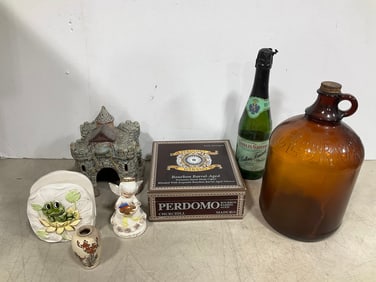 Vintage Clorox glass jug(12in.tall), vintage cigar box, ceramic napkin holder, and more