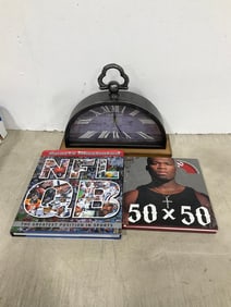 Sports Illustarted NL book, 50 cent book with CD, and clock decor