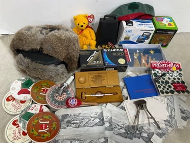 Christmas coasters, postcards, vintage Girl Scout hat, and more