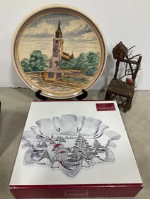 Mikasa Holiday Landscape Collection serving platter, signed plate, and miniature rustic twig