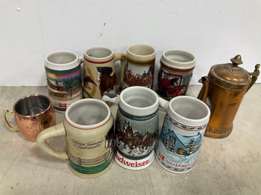 Beer mugs, Rochester pitcher(8.75in.tall), and Stoli copper stainless steel mug