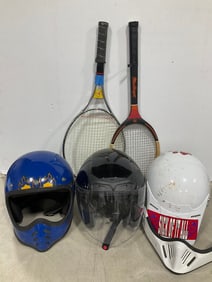 Various helmets and rackets