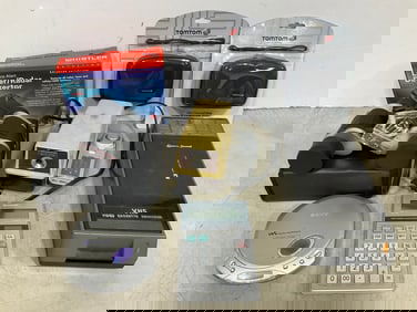 Tomtom carry case/straps(new in box), Whistler laser/radar detector, video casette rewinder, CD