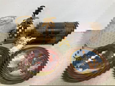 Knowles framed collectible plates, wooden base carved lamp(11in.tall), and more