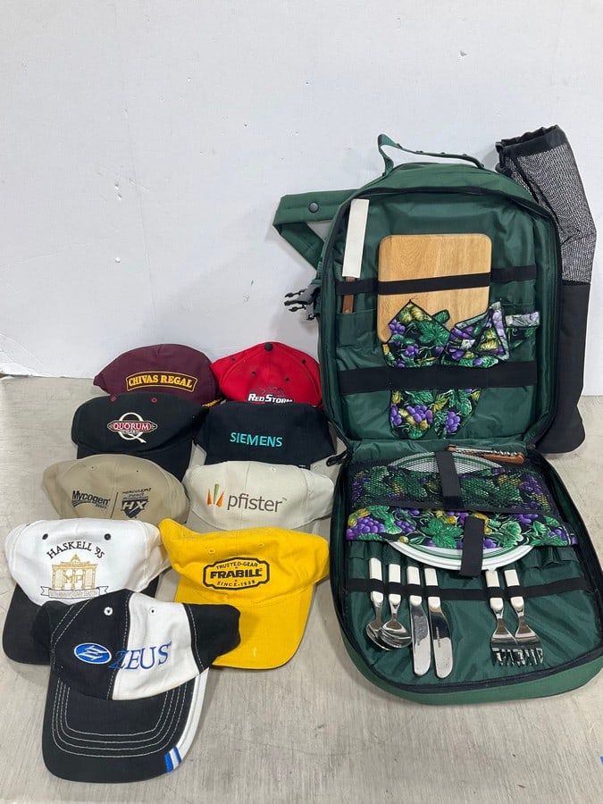 Picnic backpack set and various hats: Picnic backpack set and various hats