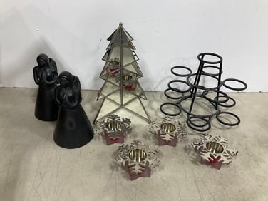 Various candleholders, mirror christmas tree, and more(12in.tallest)
