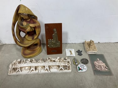 Vintage resin last supper and mother mary wood sculpture(8.5in.tall-cracked) and more