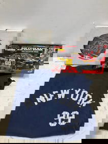 Texaco Ernie Irvan diecast bank, NY Yankees shirt, and Harry Gant collectible plate