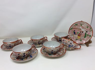 Set of 6 Teacups & Saucers - Hand Painted