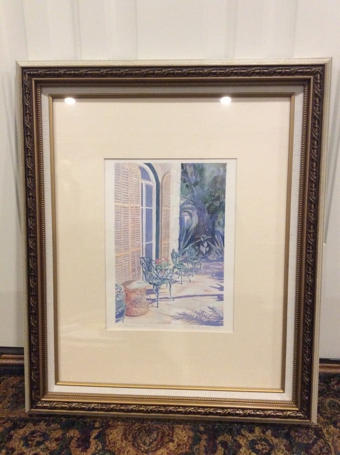 Framed watercolor art print titled "Hemingway Verangah" by Michel Kennedy(20.5in.x24.5in.): Framed watercolor art print titled "Hemingway Verangah" by Michel Kennedy(20.5in.x24.5in.)