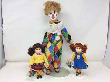 Vogue dolls(8.5in.tall) and ceramic clown(17in.tall)