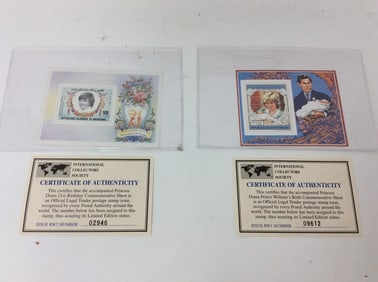 Collector's postage stamp with COA (Diana 21st Birthday and Prince Williams commemmorative sheet)
