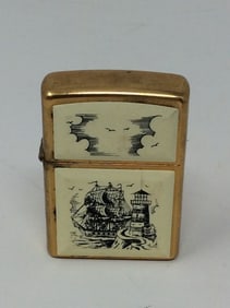 Vintage Scrimshow Ship & Lighthouse Solid Brass Zippo Lighter