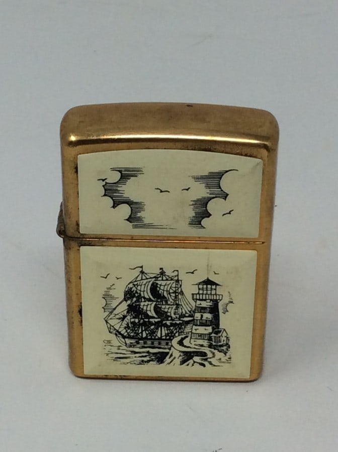 Vintage Scrimshow Ship & Lighthouse Solid Brass Zippo Lighter (1 of 2)