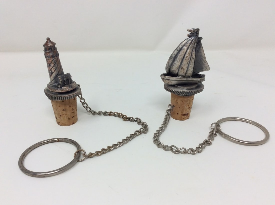 Vintage Pewter Wine Stoppers - Sailboat and Lighthouse: Vintage Pewter Wine Stoppers - Sailboat and Lighthouse