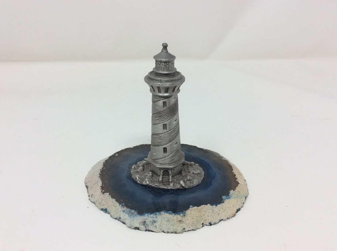 Pewter Lighthouse on Blue Agate Base Sculpture Art (3inx3.5in) (1 of 1)