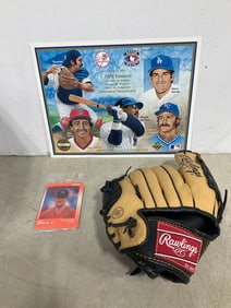 Rawlings baseball mitt, basebal cards, and limited edition upper deck Yankees print