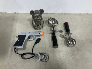 Tarnish resistant bear bank(5in.tall), ice cream scoops, and more