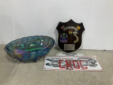 Carnival glass bowl(4.5in.tall,12in.long), australian souvenir number plate, and Vietnam wall plaque