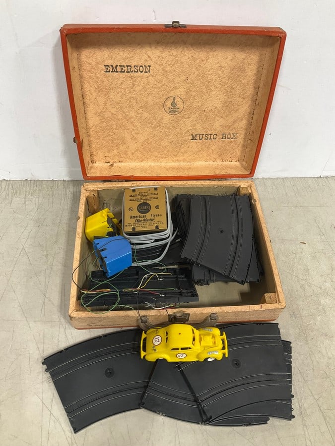 Vintage Emerson music box full of Tracks, Toys, and Transformer: Vintage Emerson music box full of Tracks, Toys, and Transformer