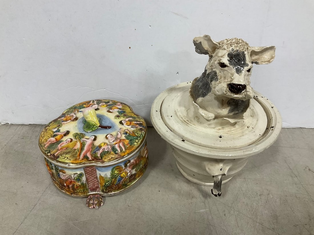 Ceramic Cow Container (9.75in Tall), and Capodimonte Porcelain Trinket Box (1 of 1)