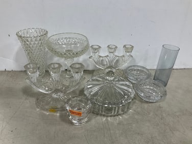 Various Clear Glass Bowls, Candle Holders, Vase, and more (Tallest - 8in)
