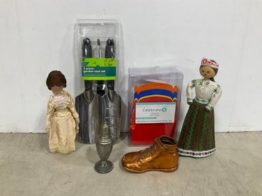 3 Pc Garden Tool Set, Wooden Dolls, Brass Shoe, and more