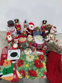 Various Christmas Decor, Stocking Holder, Dolls, Stockings, and more