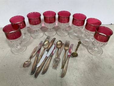 Tiffin Drinking Glasses (5.5in Tall) and Vintage Utencils