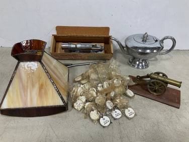Stained Glass Light Fixture, Silver Teapot, Keychains, and more