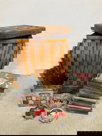 Bamboo style organizer(11in.x11in.x15in.), shoe cleaning products, and various CD's