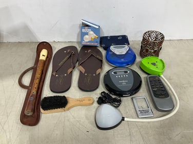 Coby and Insignia CD players, wooden recorder with case, Coral Puerto Rico flip flops(size 9), and