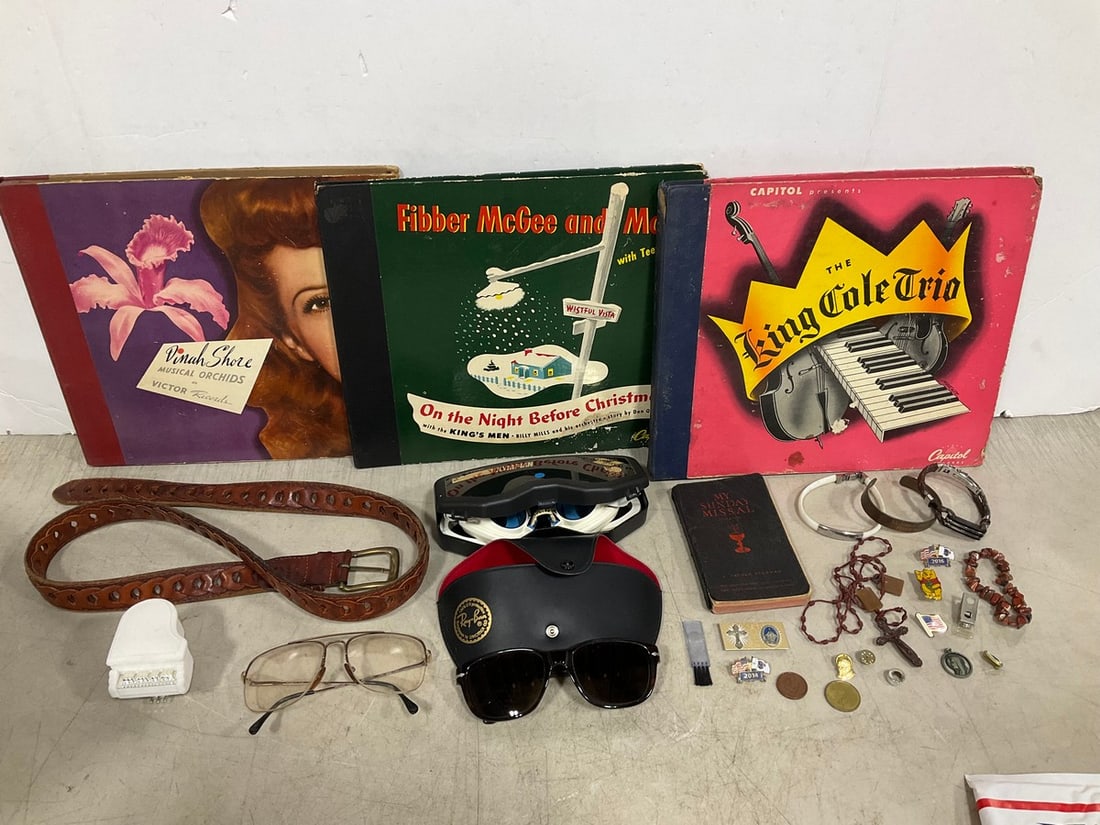 Vintage records, pins, bracelets, sunglasses, and more: Vintage records, pins, bracelets, sunglasses, and more