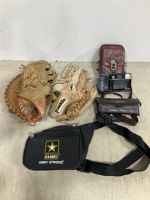 Baseball mitts, Minolta camera with case, and more