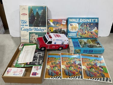 Vintage candle maker set, various puzzles, and more