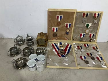 Vintage medallions, Creation tea set, Hamilton clock, and more
